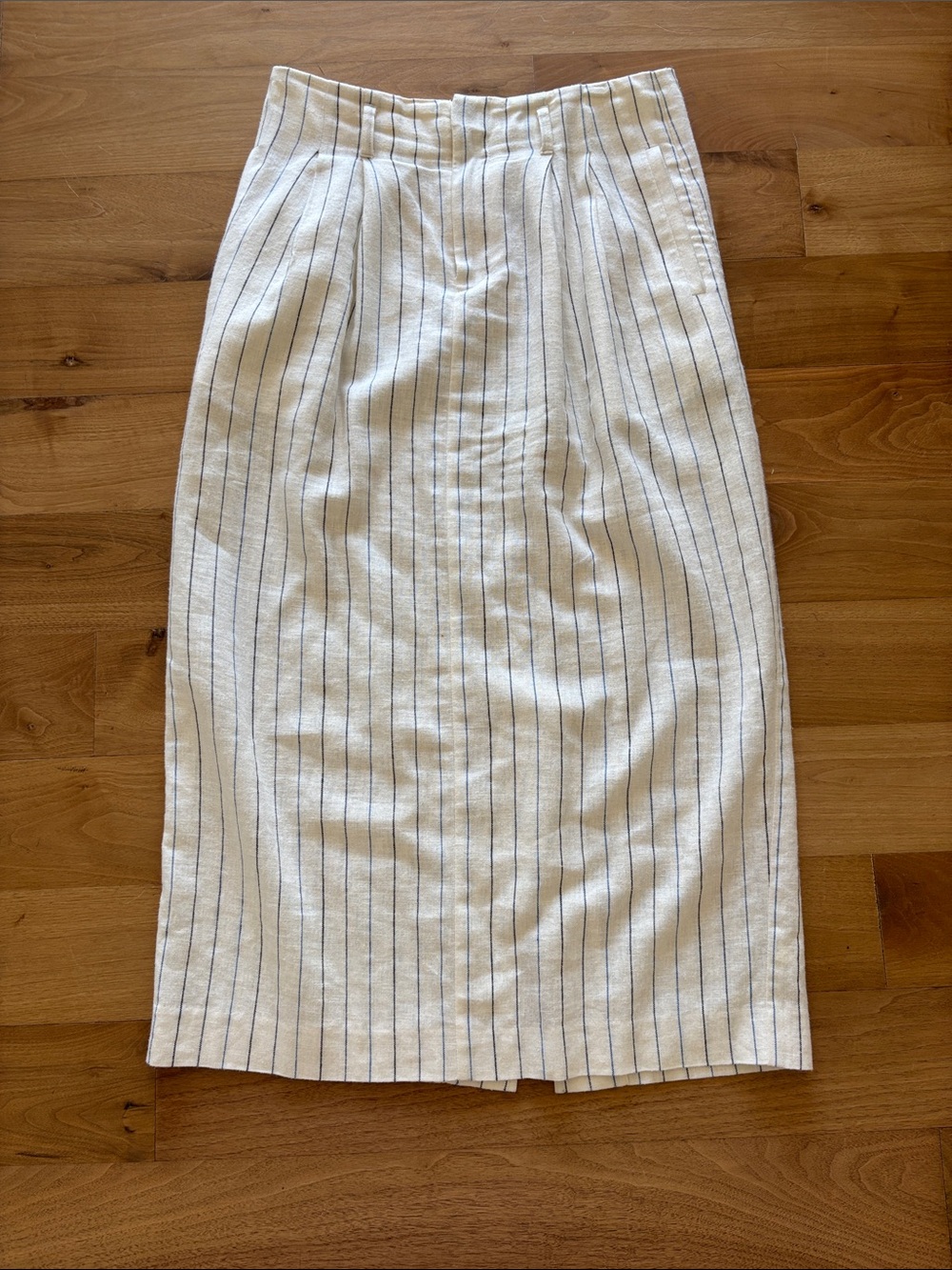 THE GREAT. Cream Pencil Skirt with Navy Pinstripes